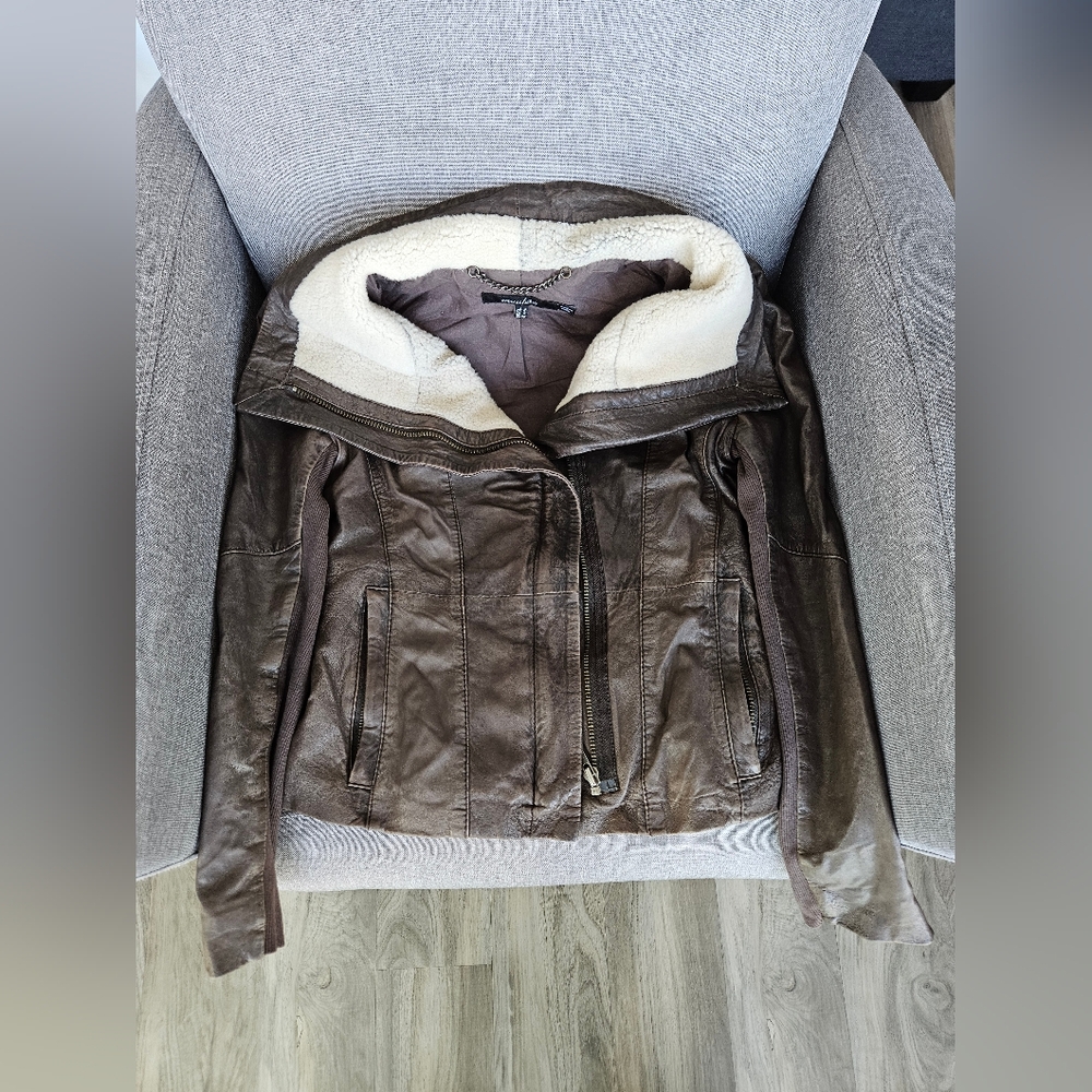 Lamb skin leather brown aviator jacket with sheepskin lining